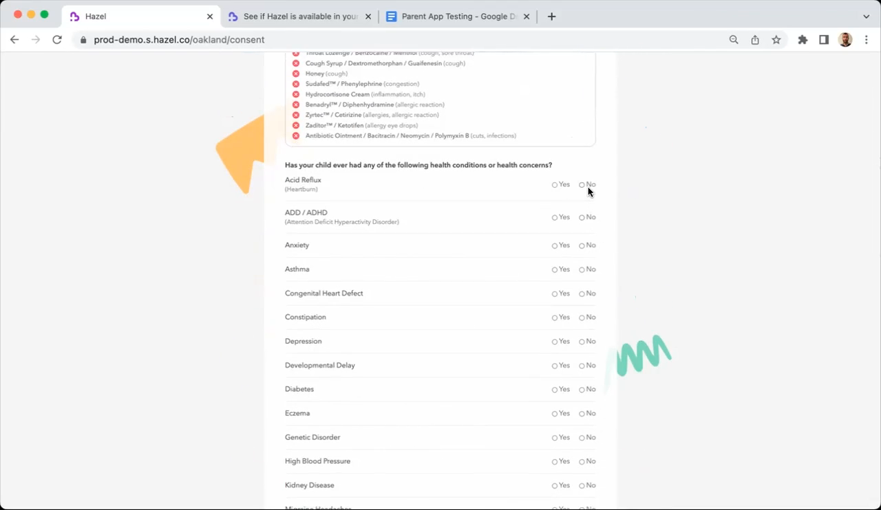 The health conditions checklist with yes/no options for each condition