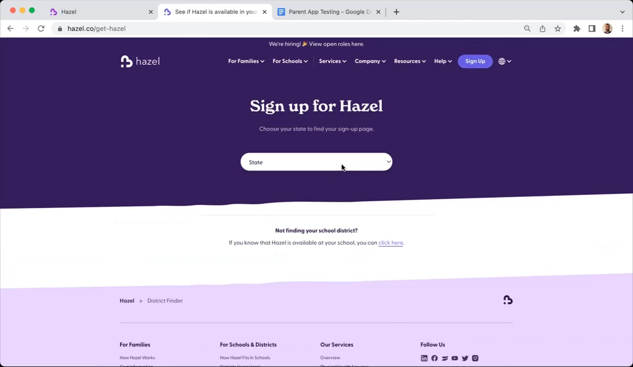 The Sign up for Hazel page on hazel.co with the State dropdown open