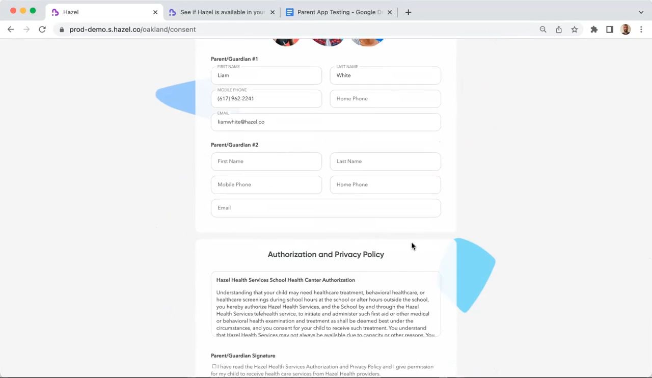 Parent/Guardian Information section with fields for two guardians