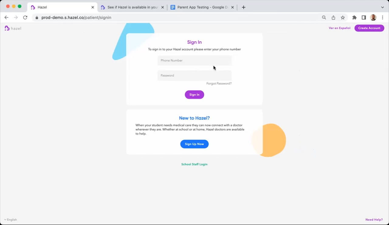 The Hazel sign-in page asking for phone number and password