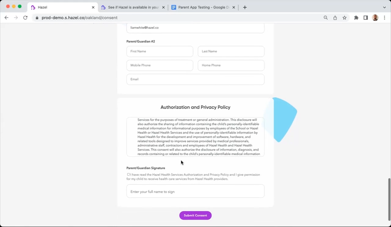 The Authorization and Privacy Policy with the signature field and Submit Consent button