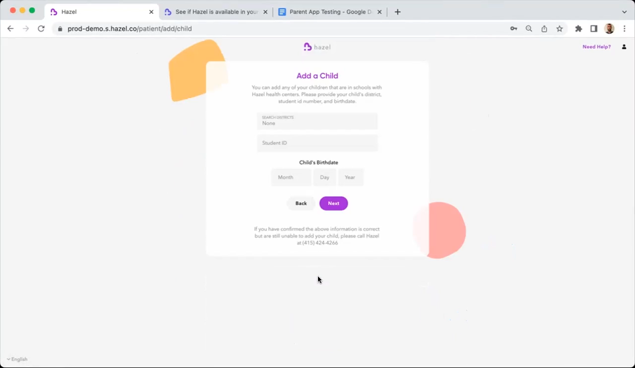 The Add a Child screen asking for district, student ID, and birthdate