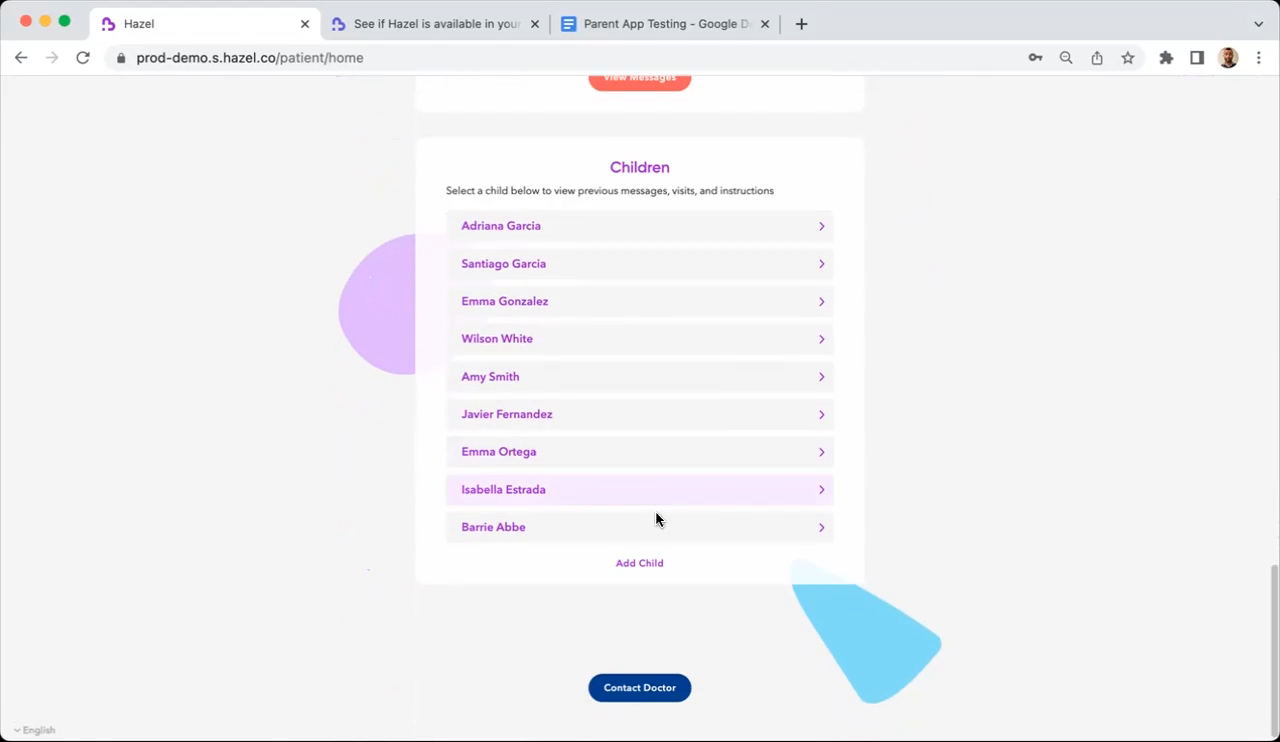 The account home page showing the Children list and Add Child link