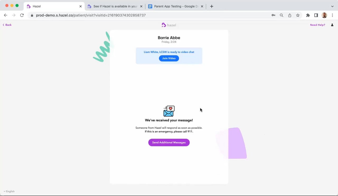 A visit page showing the provider ready to video chat and a received message confirmation