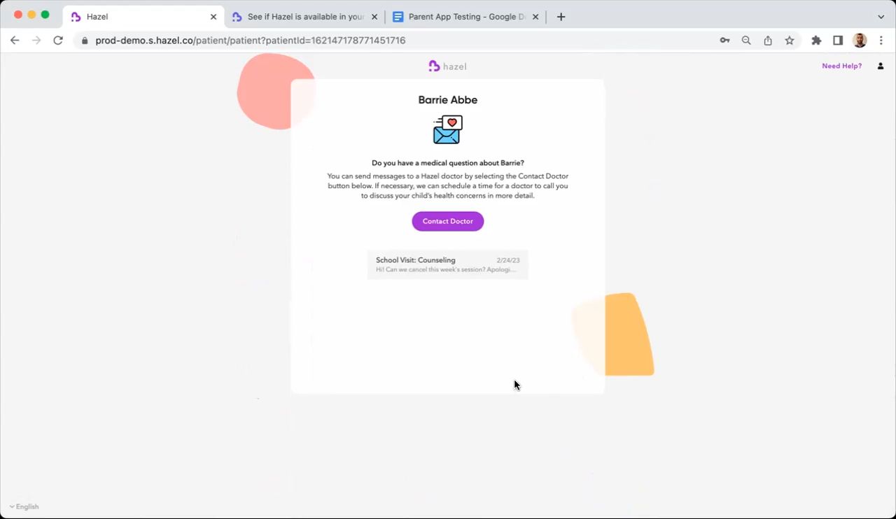 A child's page with the Contact Doctor button and a past message thread